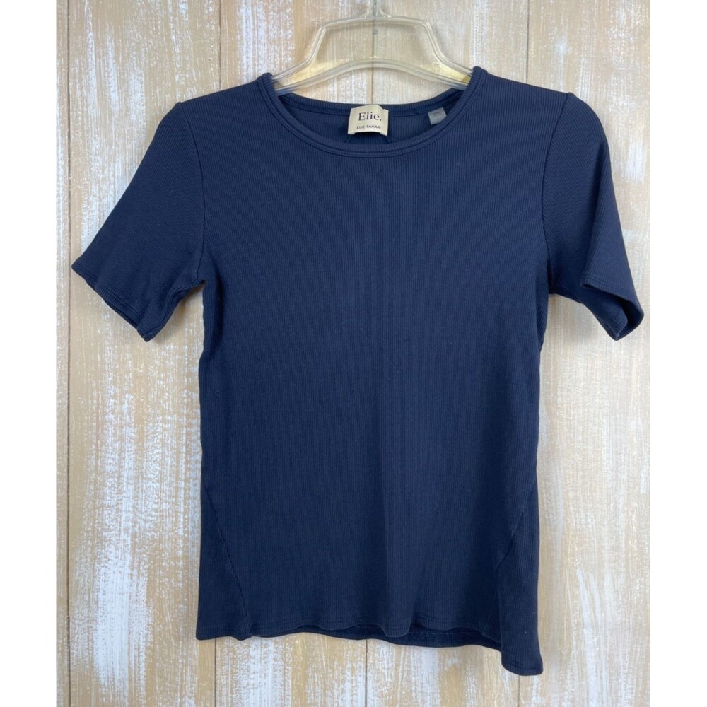 Elie Tahari Size M Crew Neck Short Sleeve Ribbed Navy Blue Top Pima Cotton